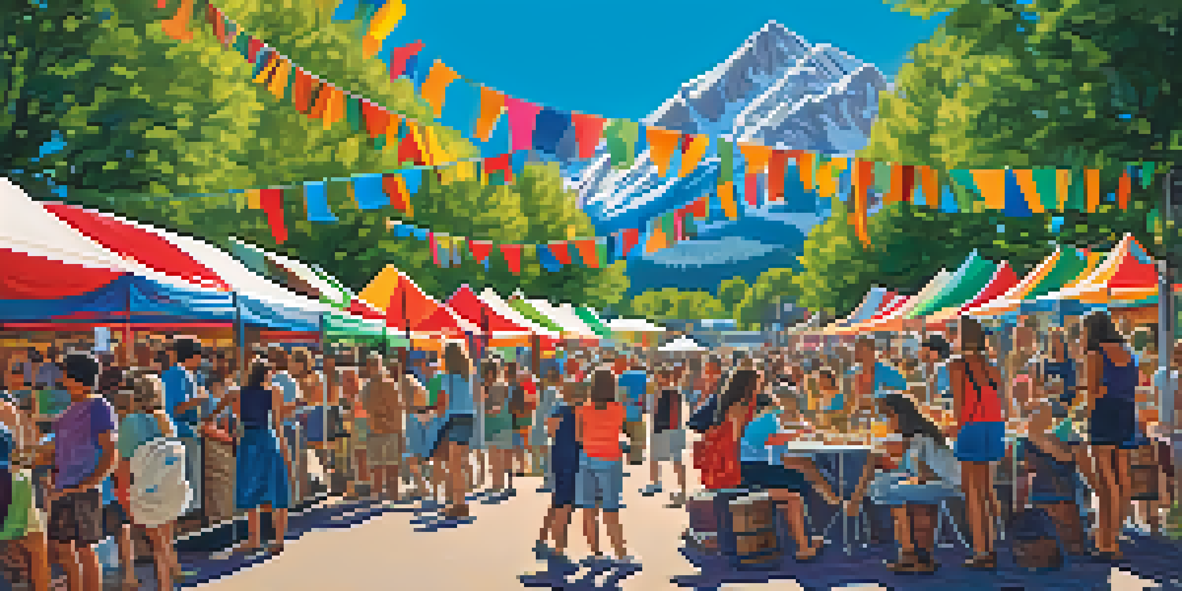 A lively outdoor festival in Boulder with artists creating art from recycled materials against the backdrop of the Rocky Mountains.