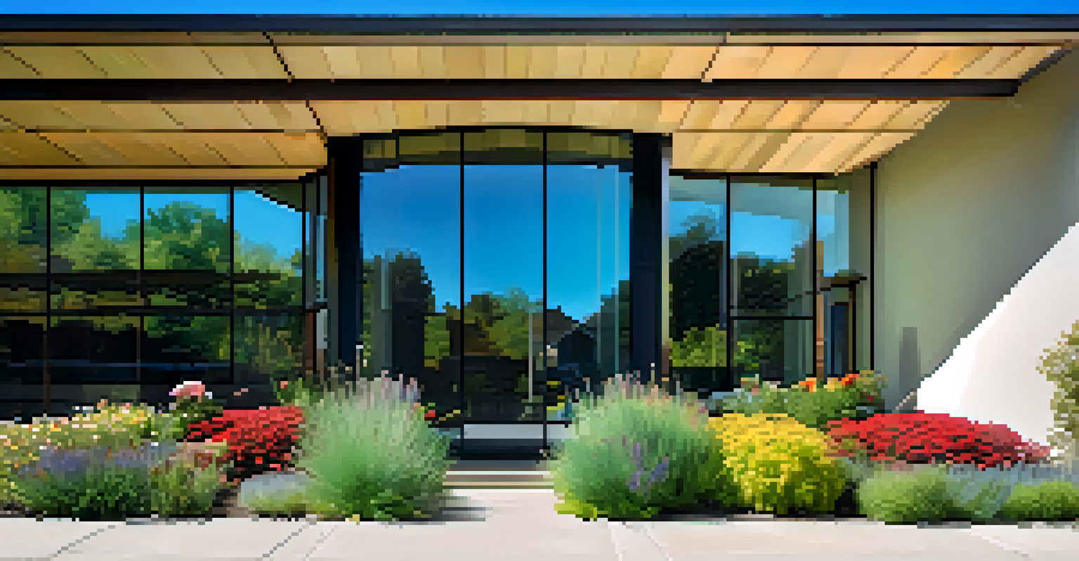 A mid-century modern building in Boulder, Colorado, surrounded by greenery and colorful flowers, highlighting its architectural features.