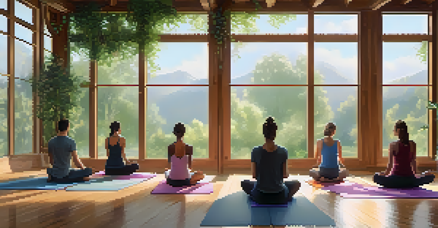 An indoor yoga studio with large windows, a yoga instructor demonstrating a pose to students, and plants around.