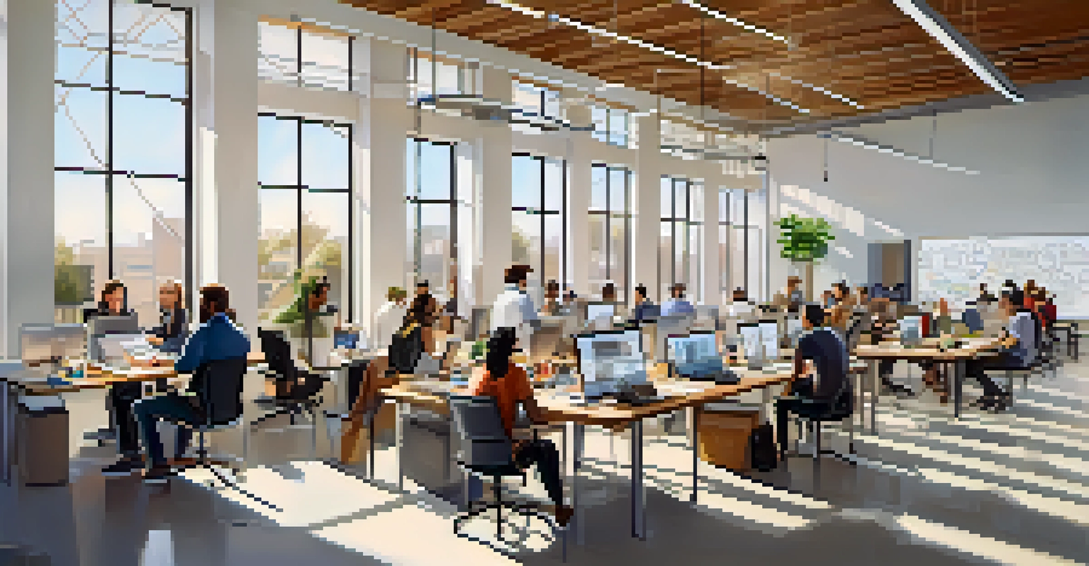 A modern incubator space with entrepreneurs collaborating, filled with natural light and creative energy.