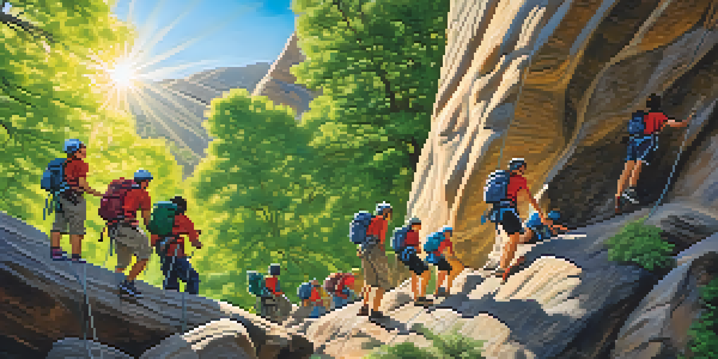 A group of students climbing a rock wall, showcasing teamwork and excitement in a bright outdoor setting.