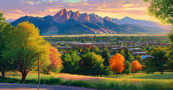 Panoramic view of Boulder, Colorado with the Flatirons mountains at sunset, featuring vibrant green trees and colorful residential buildings.