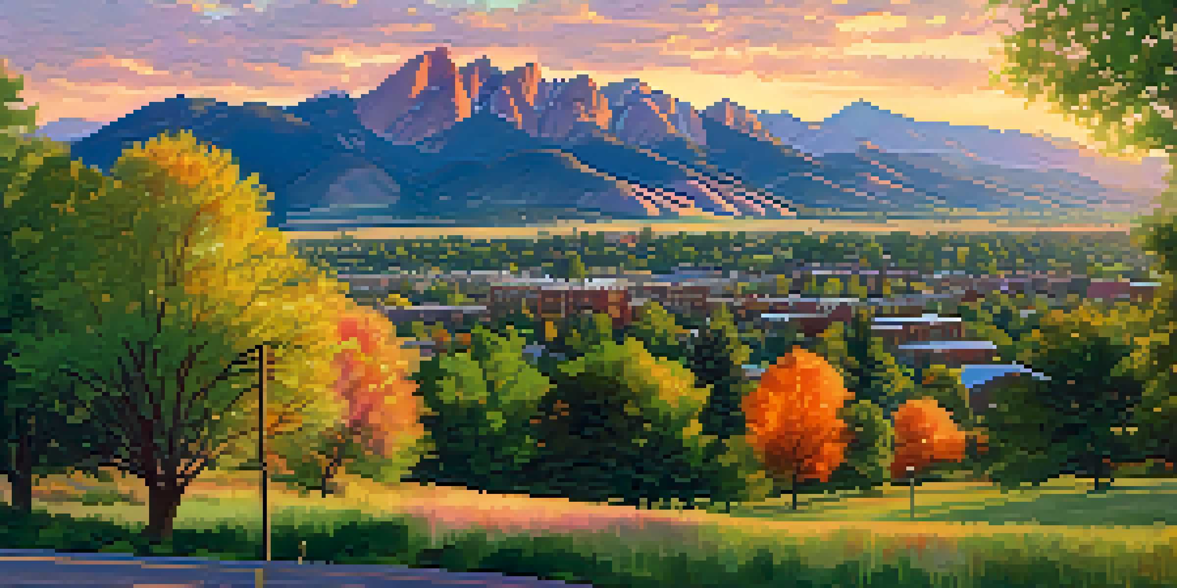 Panoramic view of Boulder, Colorado with the Flatirons mountains at sunset, featuring vibrant green trees and colorful residential buildings.