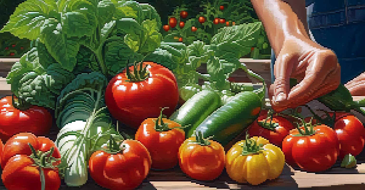 Hands harvesting fresh vegetables and herbs in a community garden, highlighting ripe tomatoes and basil.