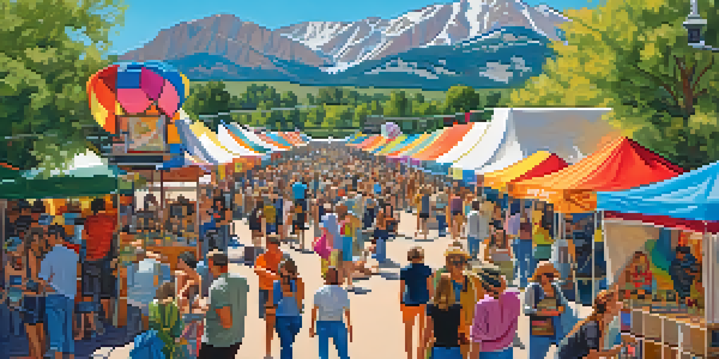 An outdoor art festival in Boulder, Colorado, featuring local artists and attendees interacting with colorful artworks against a backdrop of mountains.