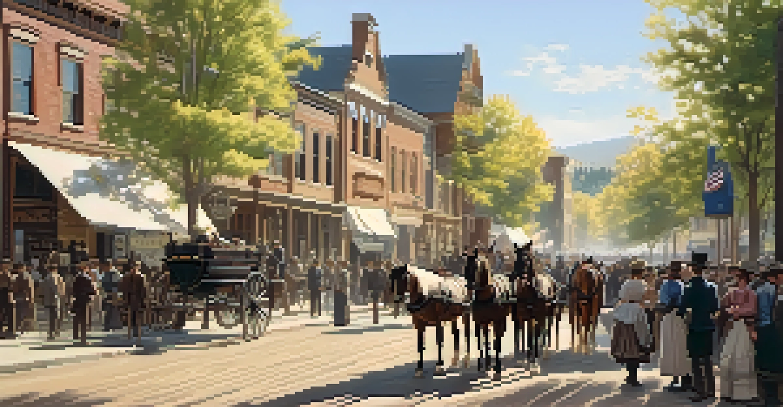 A historical scene of early settlers in Boulder, showcasing a busy town square with wooden buildings and people in vintage clothing.