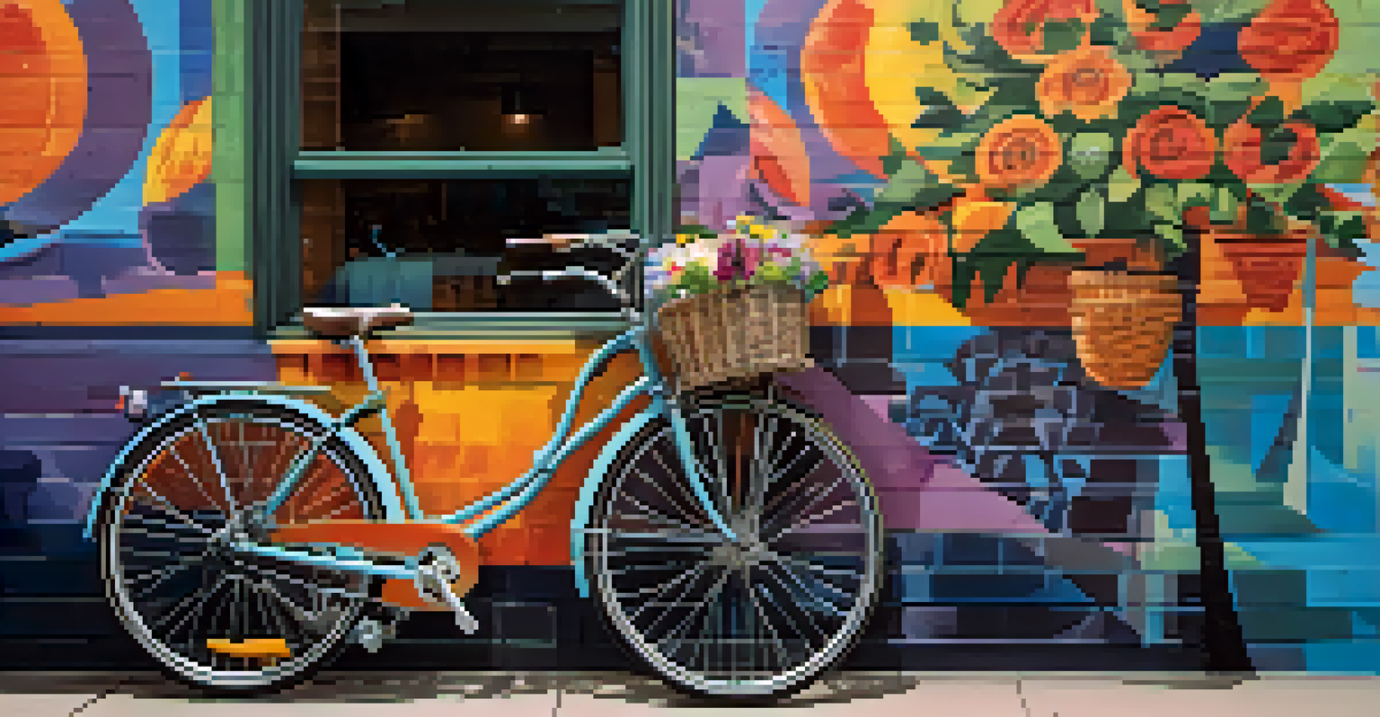 A close-up of a bicycle with flowers in front of a colorful mural in Boulder, Colorado.