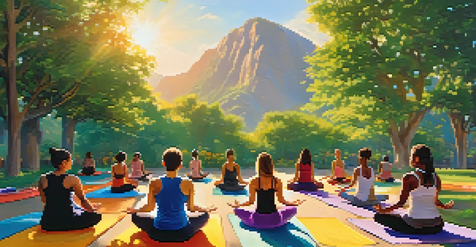 A diverse group of individuals practicing yoga outdoors in a sunny park, surrounded by green trees and colorful flowers, with mountains in the background.