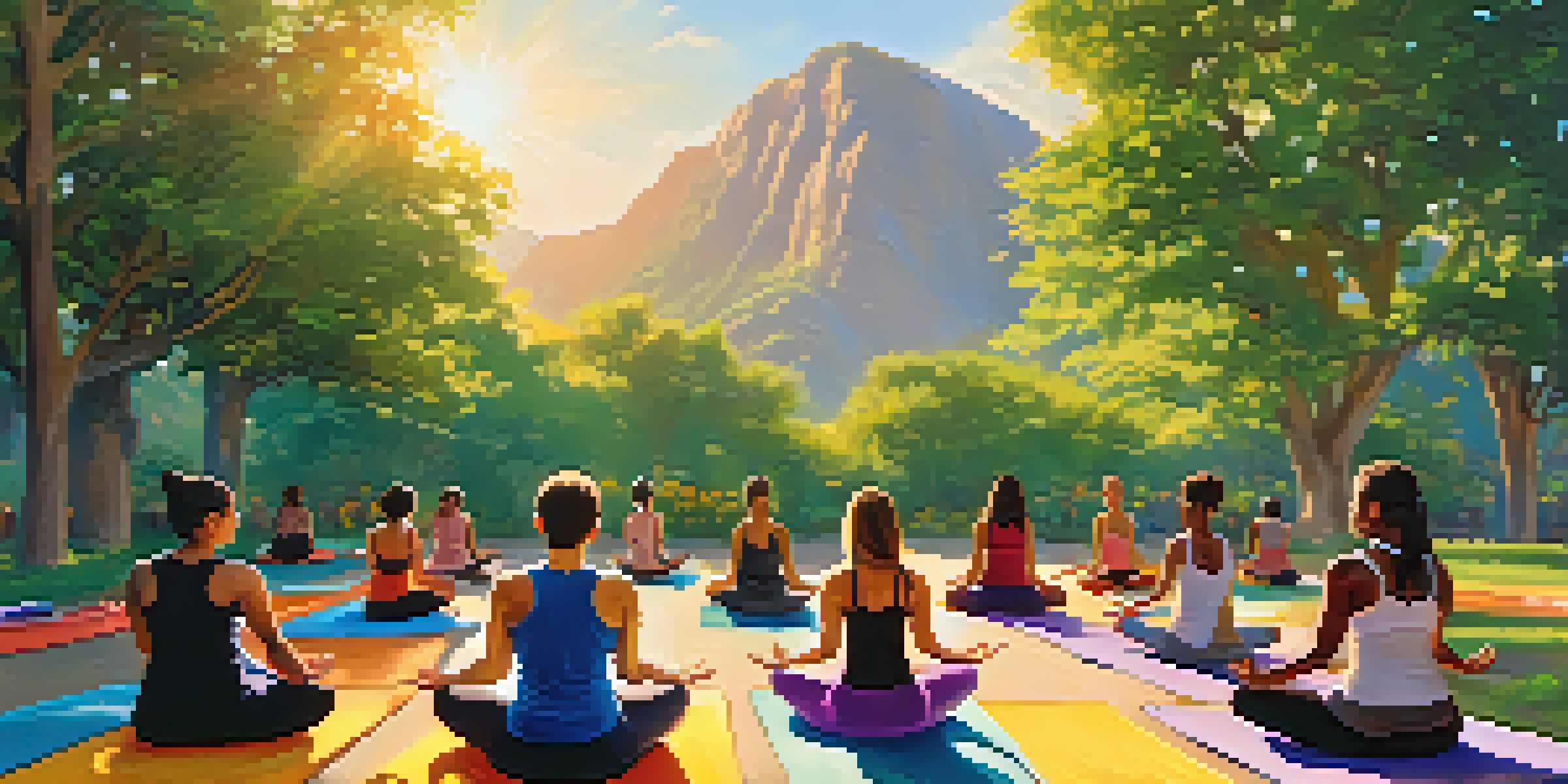 A diverse group of individuals practicing yoga outdoors in a sunny park, surrounded by green trees and colorful flowers, with mountains in the background.