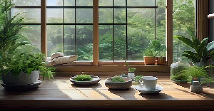 A cozy wellness retreat room filled with plants, meditation cushions, and herbal teas, bathed in natural light.