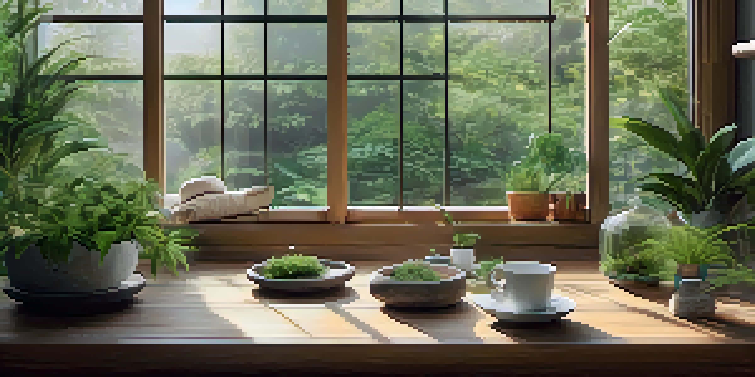 A cozy wellness retreat room filled with plants, meditation cushions, and herbal teas, bathed in natural light.