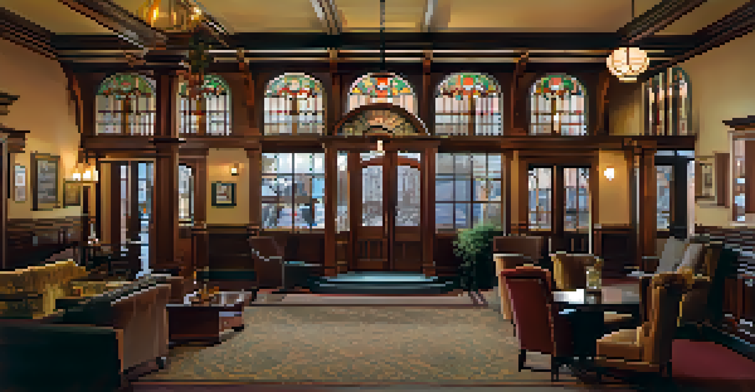 An elegant interior view of the Historic Hotel Boulder, featuring stained glass windows and a beautifully decorated lobby, evoking a sense of history and charm.
