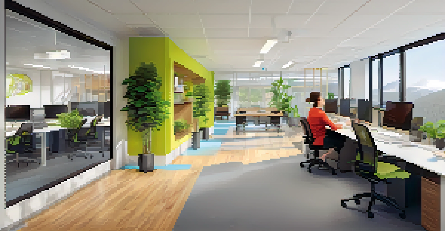 A modern health tech startup office with employees collaborating and high-tech devices, showcasing a vibrant work environment.