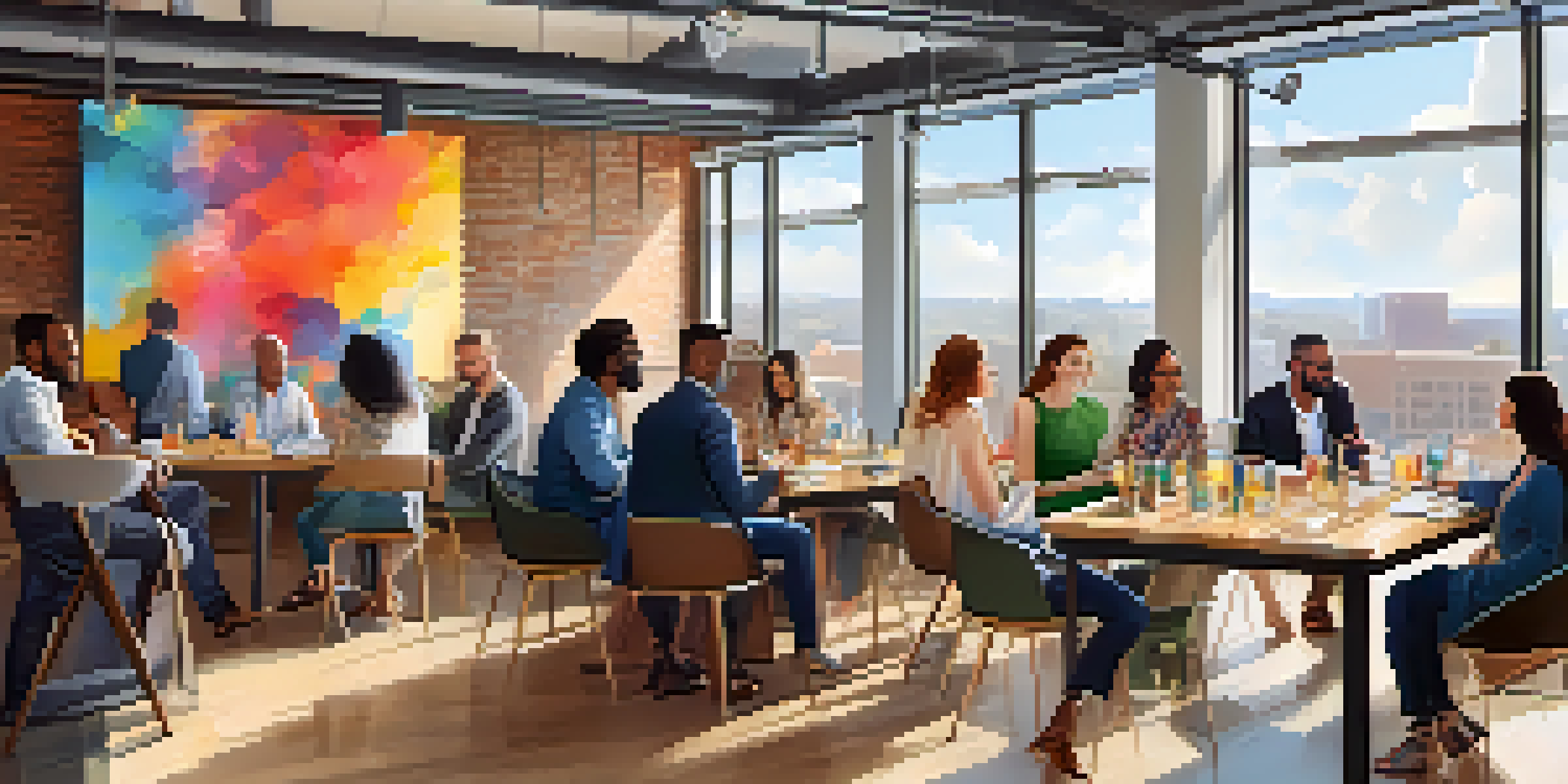 A lively networking event in a bright coworking space with diverse professionals engaging in conversation.