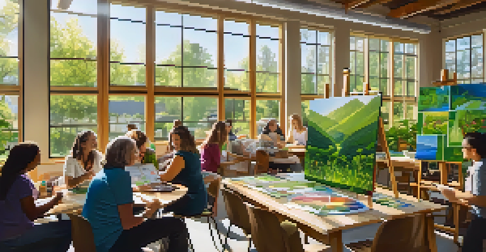 A community workshop in Boulder where diverse residents participate in sustainability discussions, with greenery and educational materials visible.