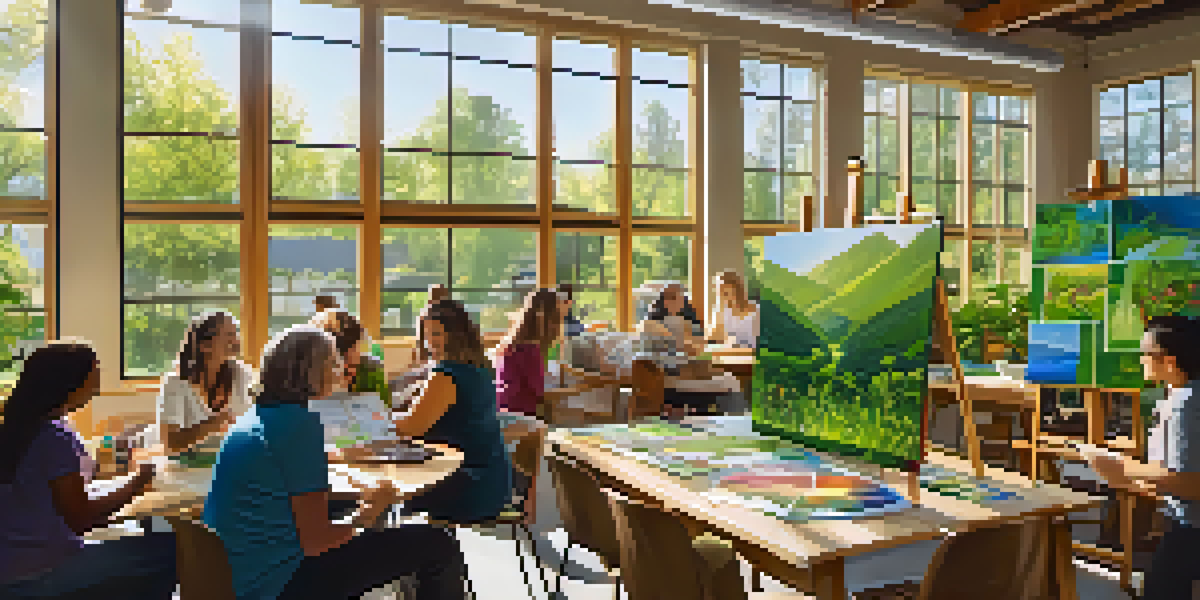 A community workshop in Boulder where diverse residents participate in sustainability discussions, with greenery and educational materials visible.