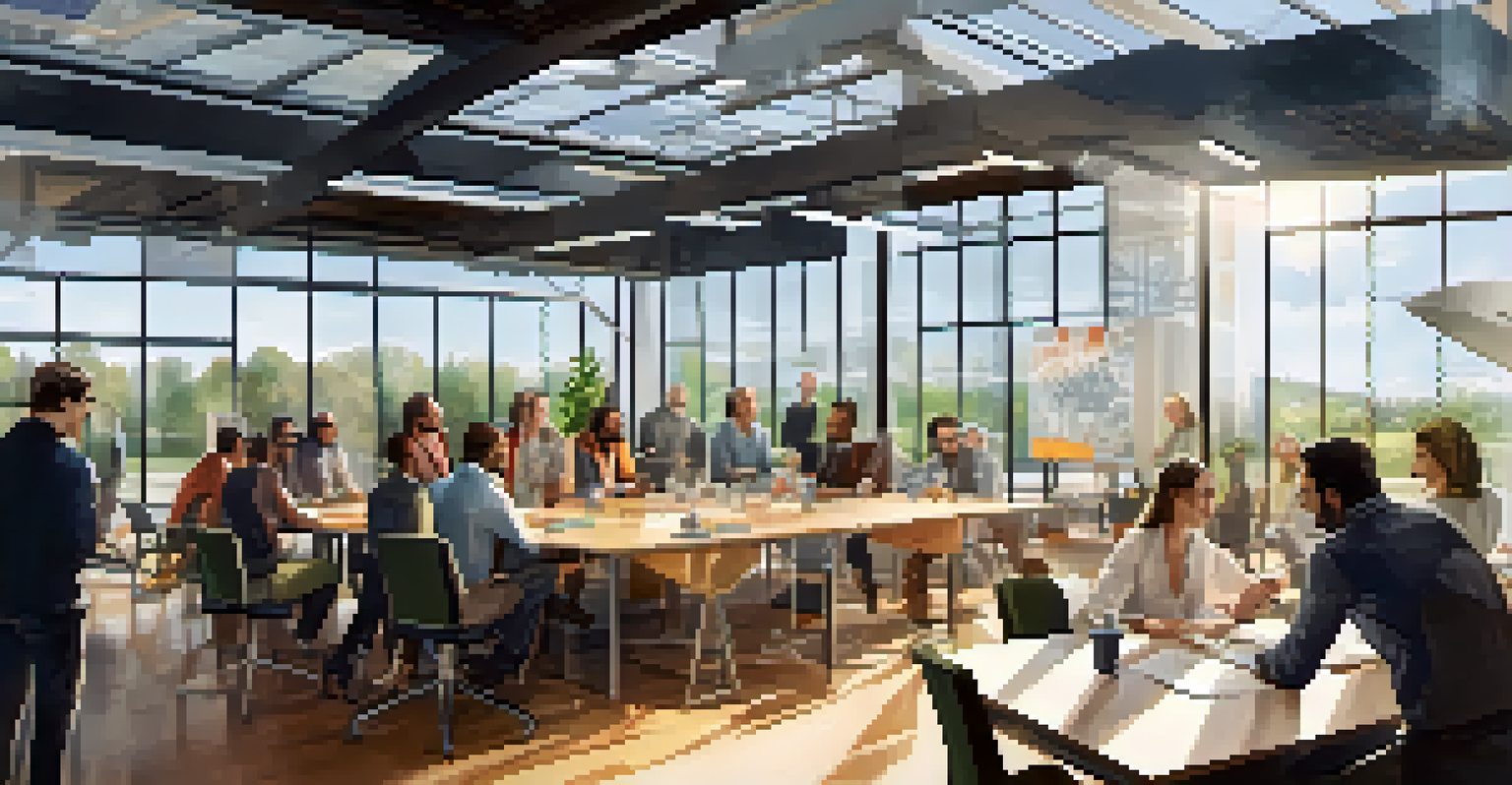 An indoor co-working space with entrepreneurs collaborating on renewable energy projects, featuring solar panels and wind turbine models.