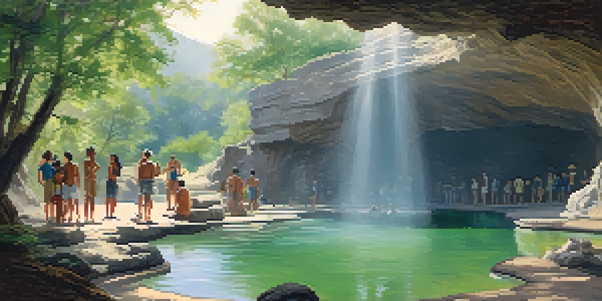A peaceful view of Indian Hot Springs with green trees and a geothermal cave. Visitors are soaking in warm mineral pools surrounded by soft light and steam.