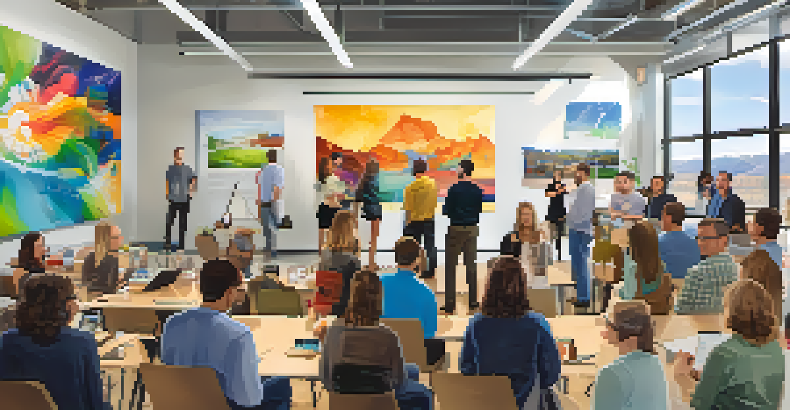 Students pitching startup ideas in a lively entrepreneurial hub at CU Boulder, with colorful posters and a panel of industry experts listening.