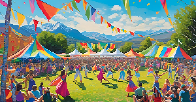 An outdoor dance festival in Boulder with dancers performing on grass, colorful banners, and an audience enjoying the show, against a backdrop of mountains and a blue sky.