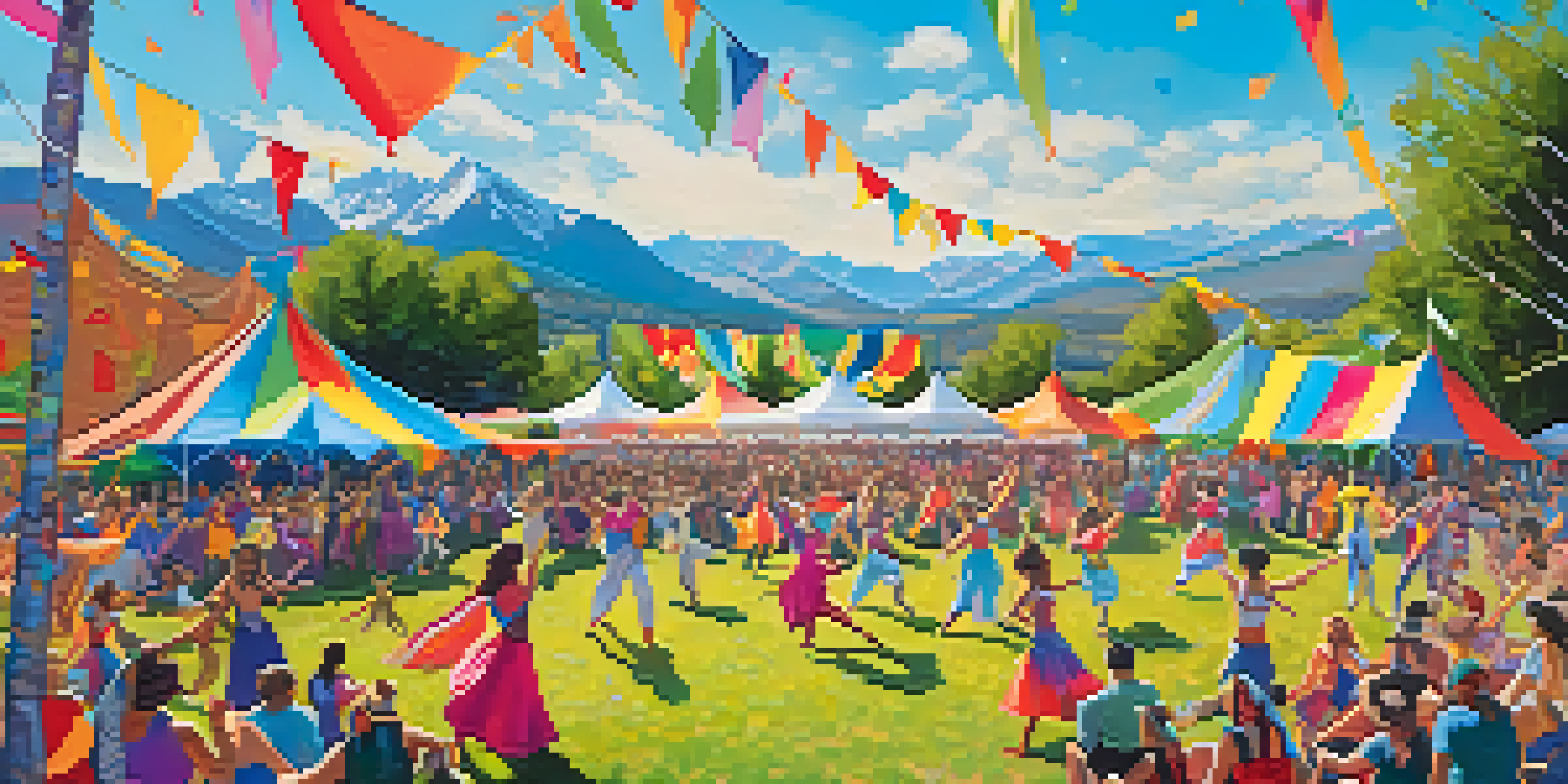 An outdoor dance festival in Boulder with dancers performing on grass, colorful banners, and an audience enjoying the show, against a backdrop of mountains and a blue sky.