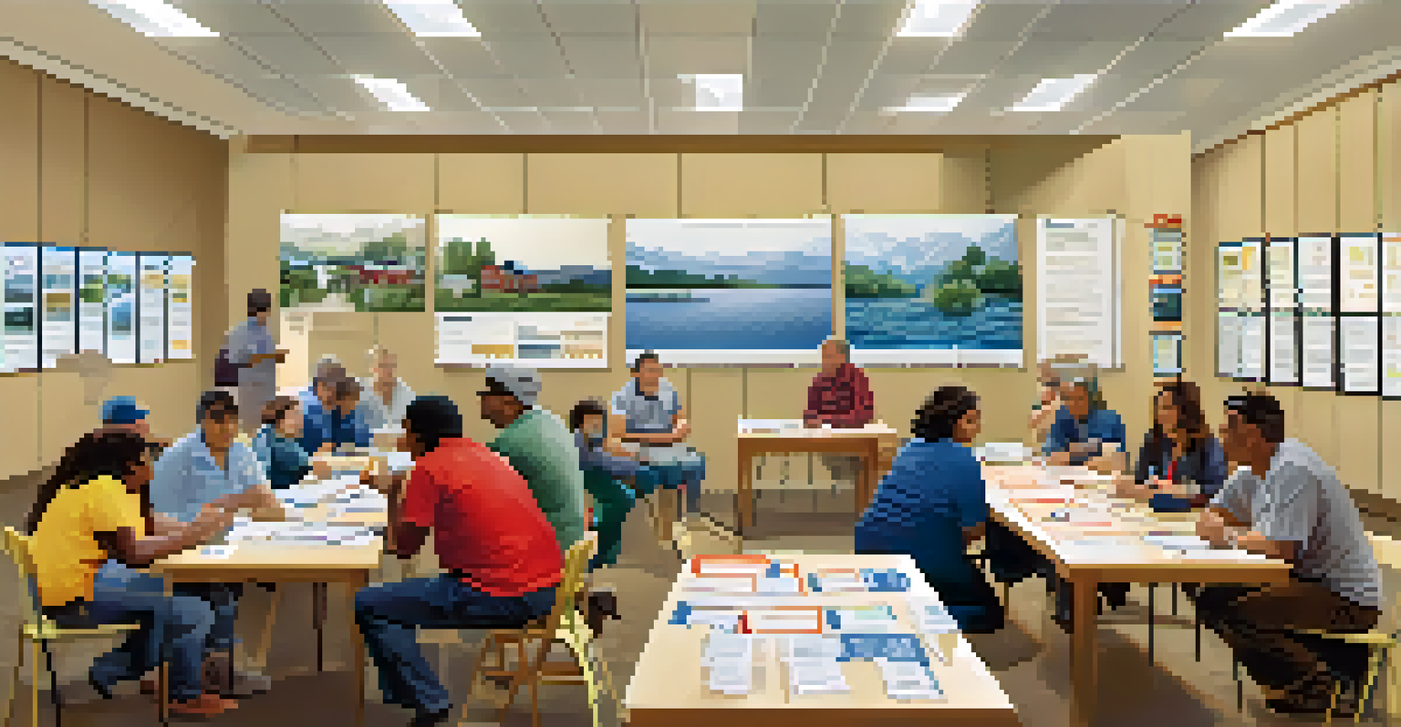Residents participating in a flood preparedness workshop, engaged in discussions and learning activities.