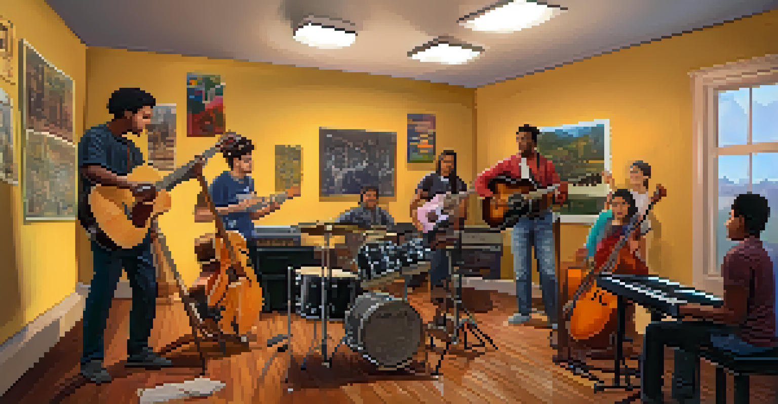 A cozy room where a musician collaborates with students, surrounded by instruments and cultural artifacts, with warm lighting.