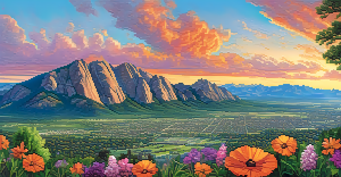 A scenic view of Boulder with students participating in outdoor education activities, featuring the beautiful Flatirons mountains at sunset.