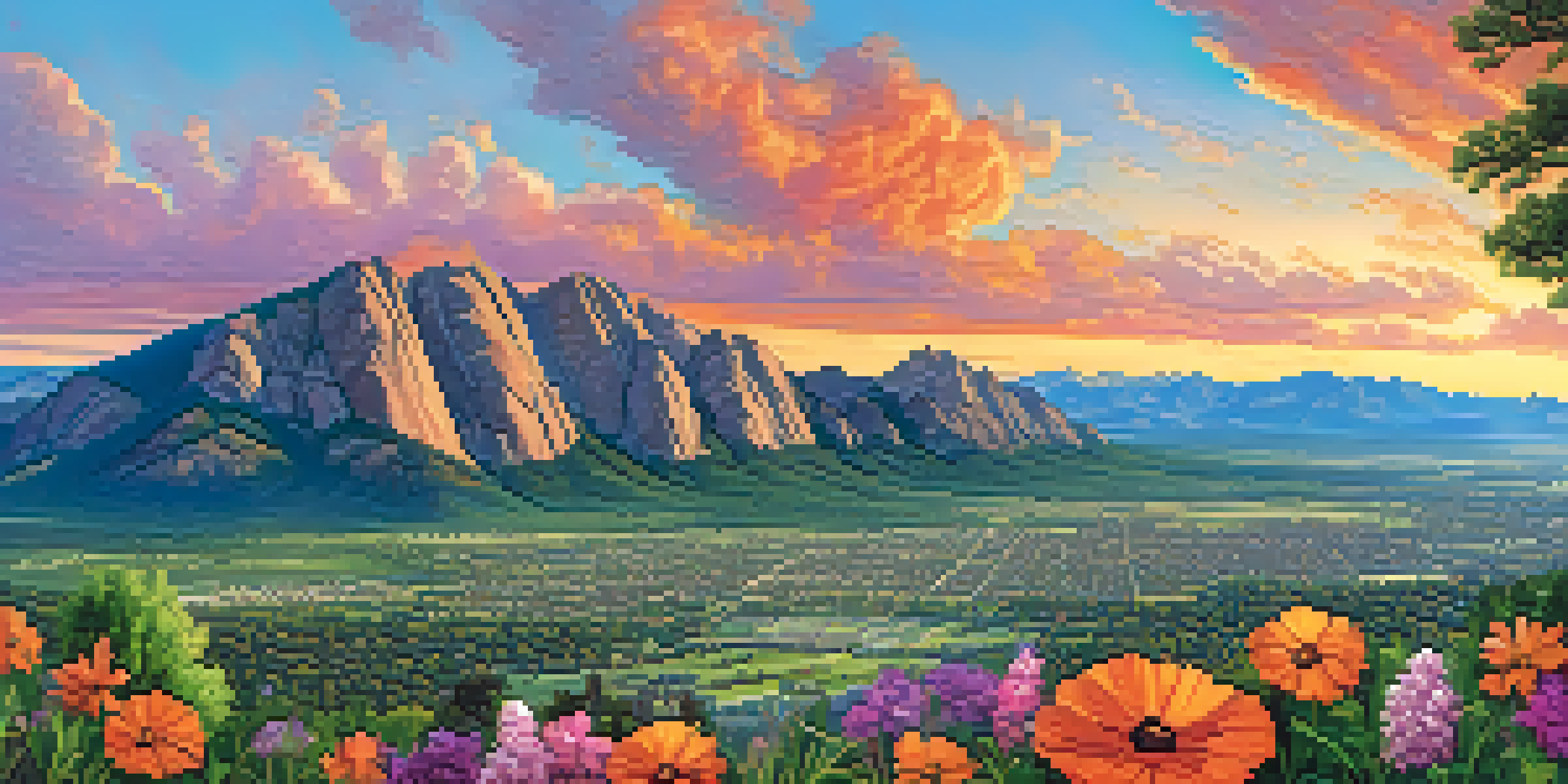 A scenic view of Boulder with students participating in outdoor education activities, featuring the beautiful Flatirons mountains at sunset.