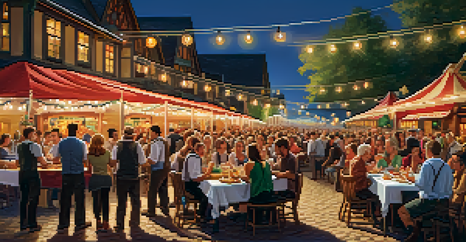 A festive scene from Boulder Oktoberfest with people enjoying bratwurst and pretzels, surrounded by decorations and dancing.