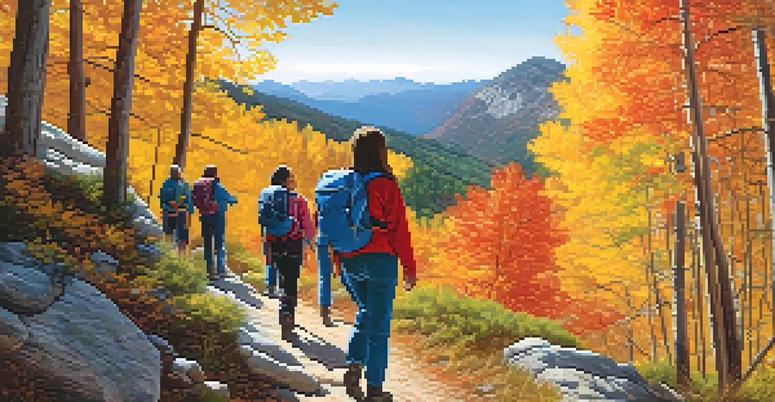 A young woman confidently leading a diverse group of hikers along a mountain trail, surrounded by colorful autumn foliage and a clear blue sky.