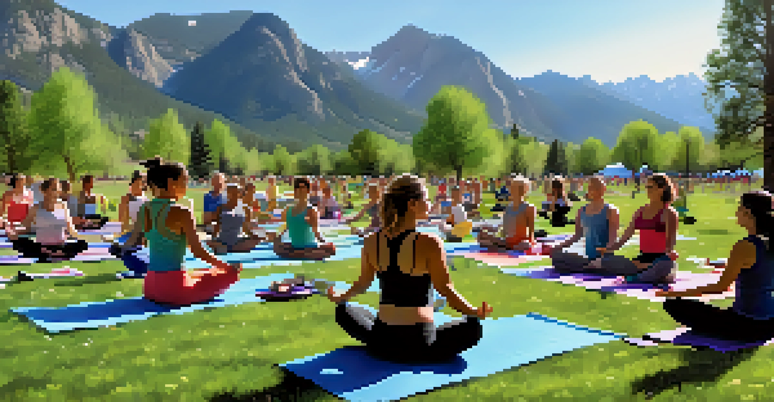 A peaceful outdoor yoga class set against the backdrop of the Rocky Mountains in Boulder.
