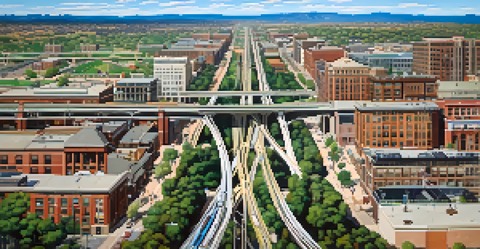 An aerial view of the Denver and Boulder urban area featuring the rail line and cityscape.