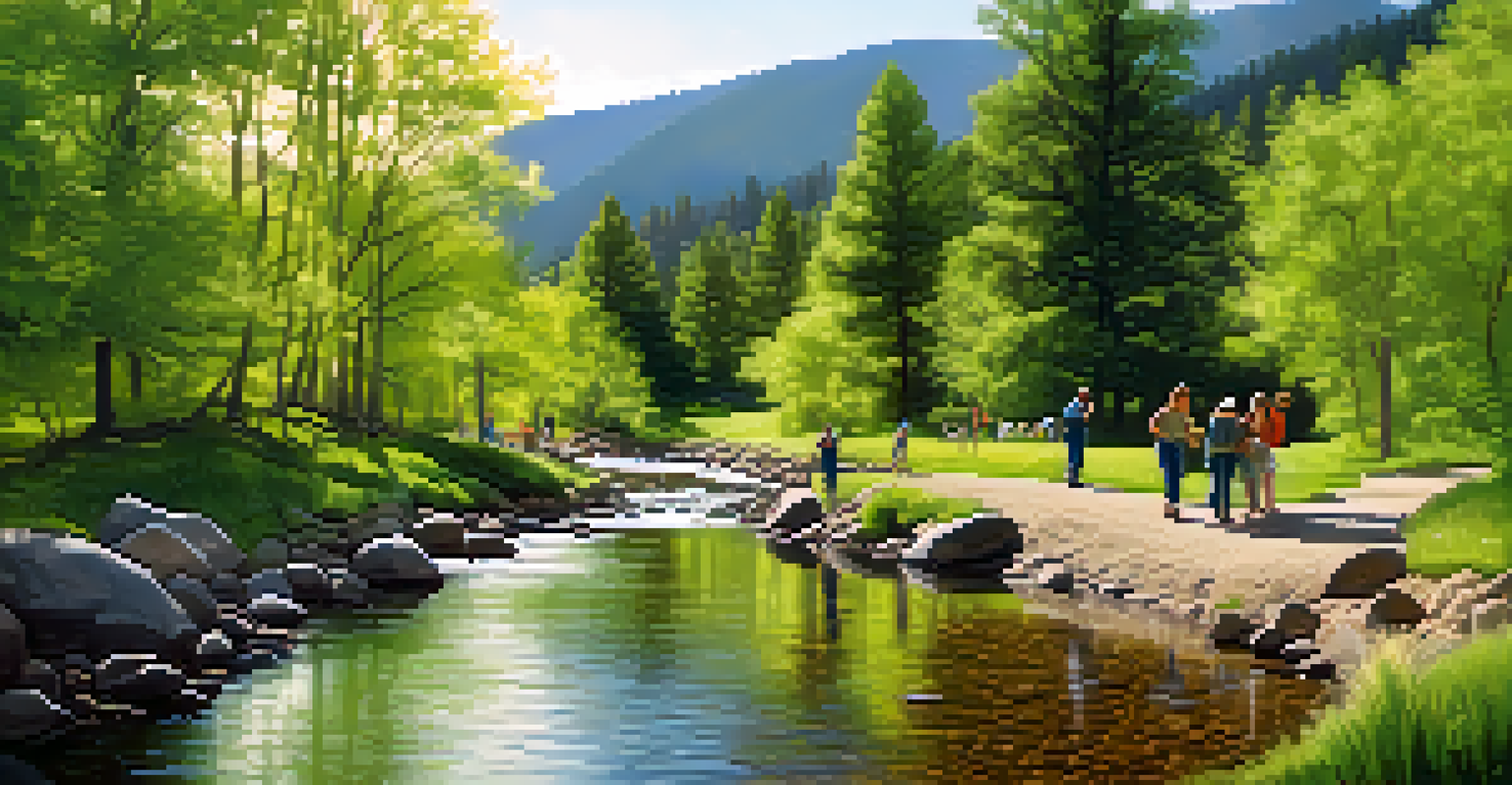 A beautiful stream in a forest in Boulder, with residents planting trees, illuminated by sunlight filtering through the leaves.