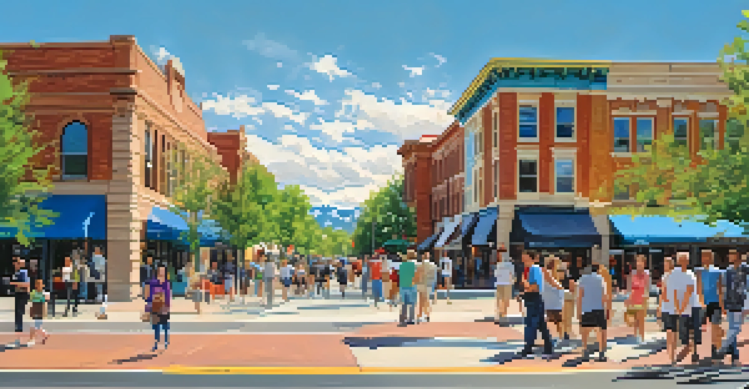 A lively street scene in Boulder, showcasing local artists and the University of Colorado in the background, highlighting the city's cultural vibrancy.