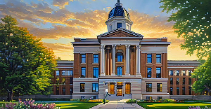 A beautiful sunset view of Boulder County Courthouse surrounded by greenery and flowers.