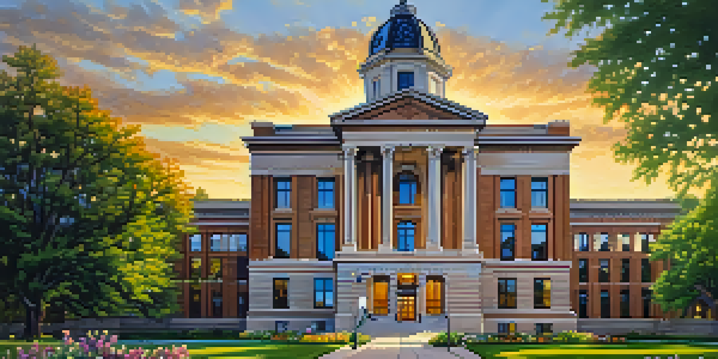 A beautiful sunset view of Boulder County Courthouse surrounded by greenery and flowers.