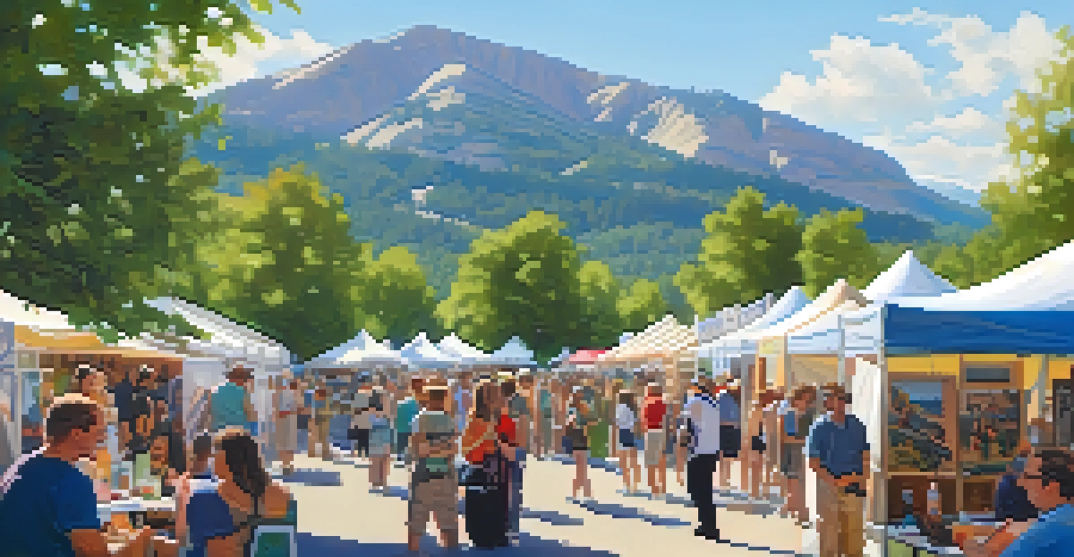 An outdoor art festival with artists at their booths and attendees enjoying the artwork and live music against a backdrop of mountains.