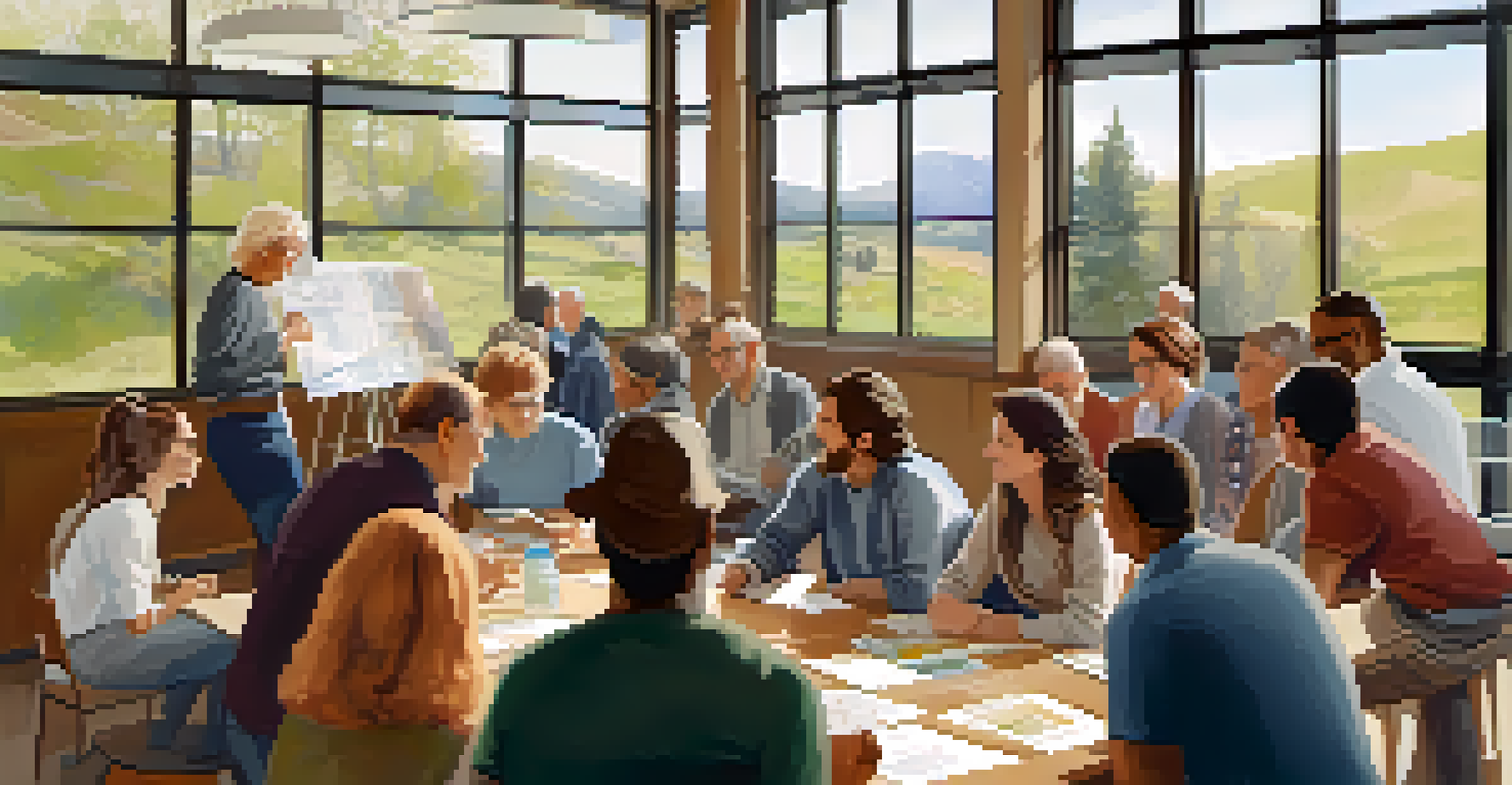 A community workshop in Boulder with residents learning about wind energy, surrounded by educational materials and models.