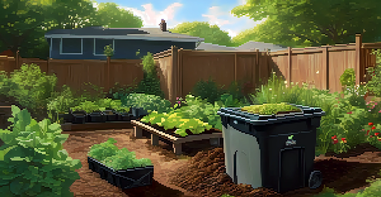 A close-up view of a composting bin filled with rich compost in a community garden, with lush plants around it.
