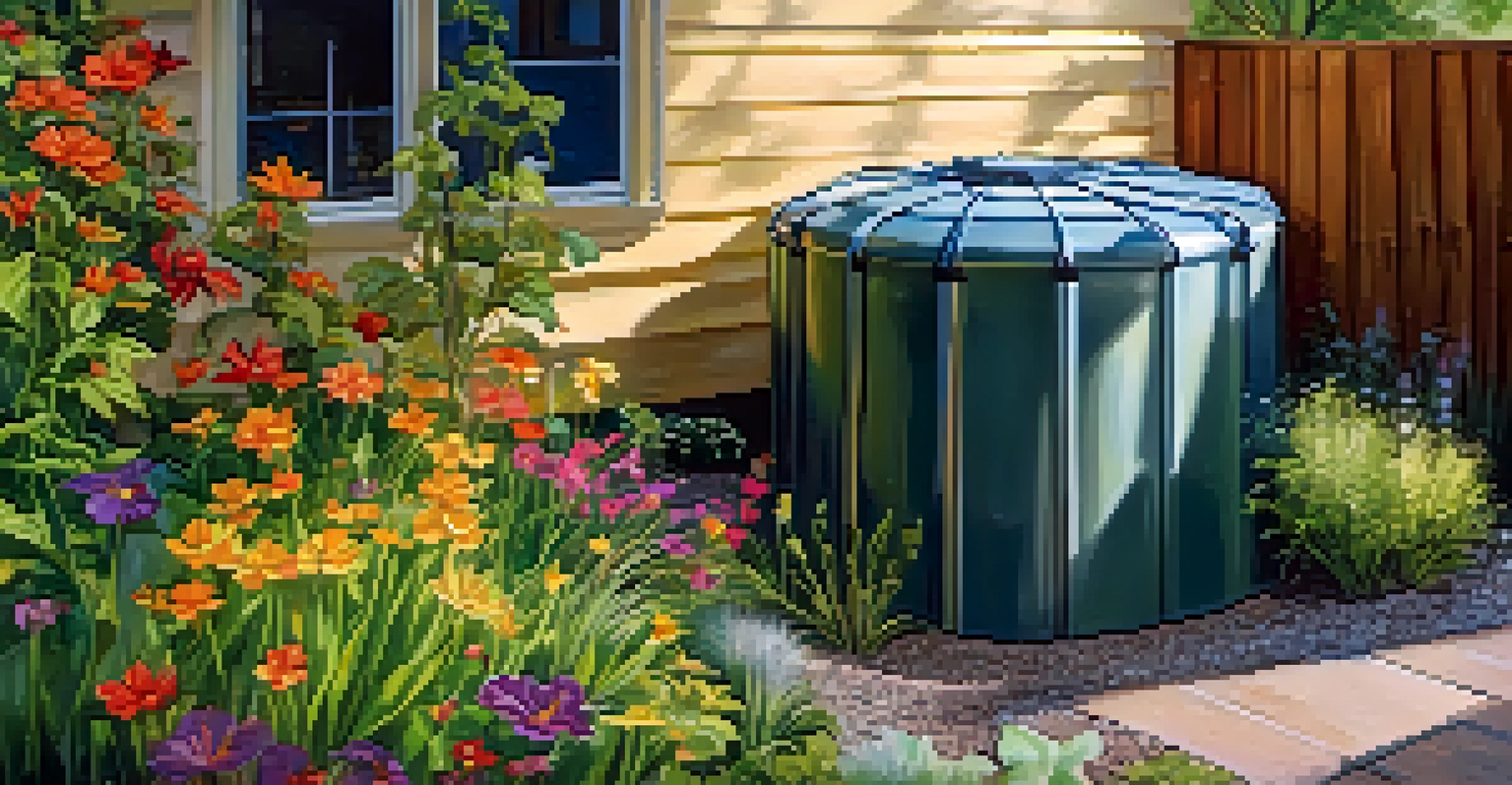 A close-up of a rainwater harvesting system in a Boulder garden, featuring clear barrels and drought-resistant plants.