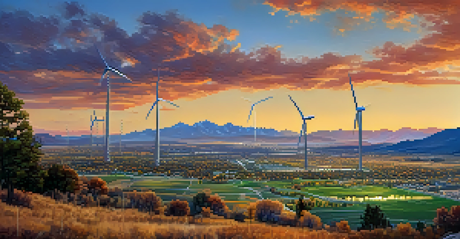 A scenic view of Boulder, Colorado, with wind turbines and solar farms set against the Rocky Mountains during sunset.