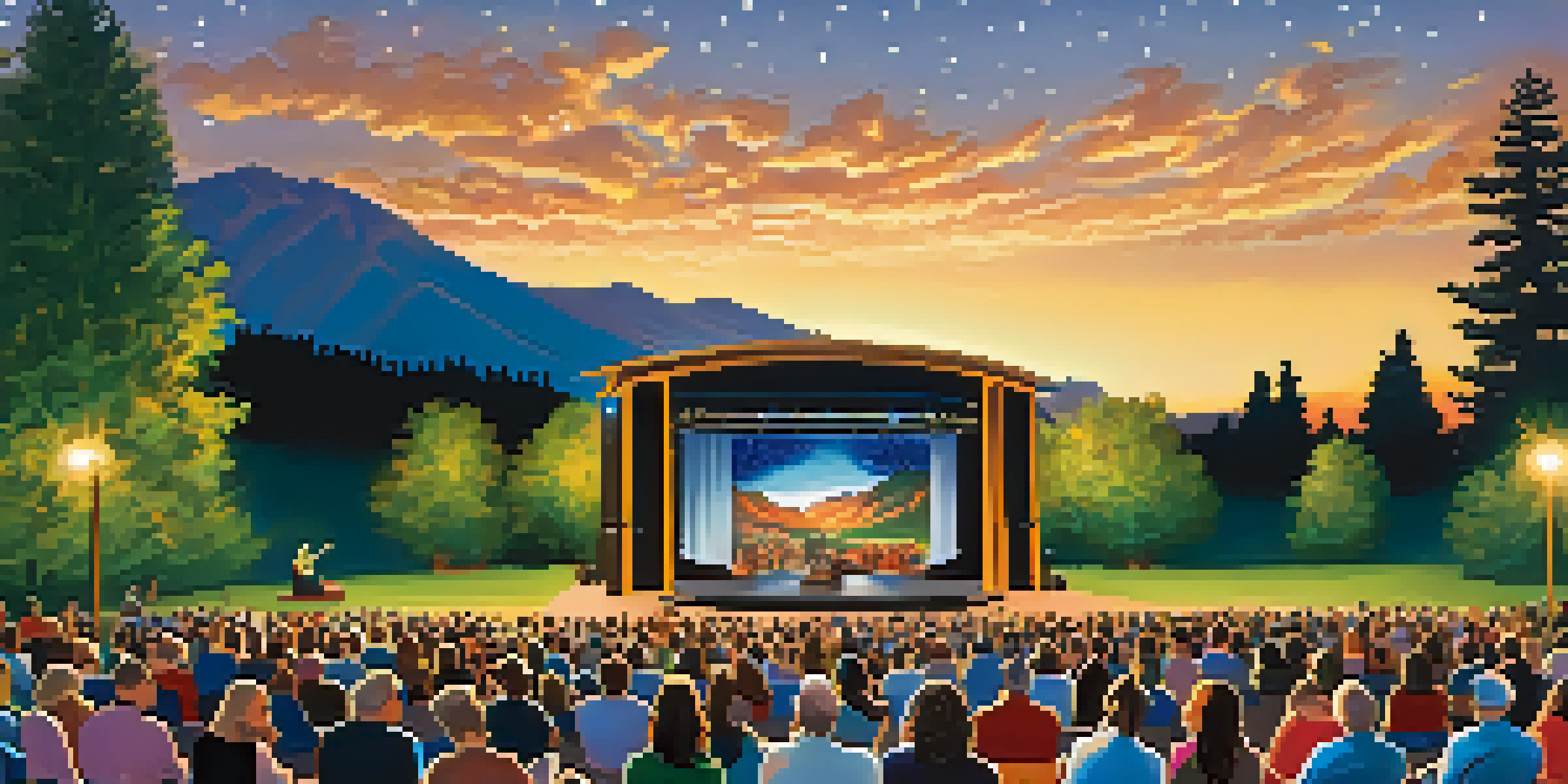 An outdoor theater performance at night with an audience enjoying the show surrounded by trees and mountains.