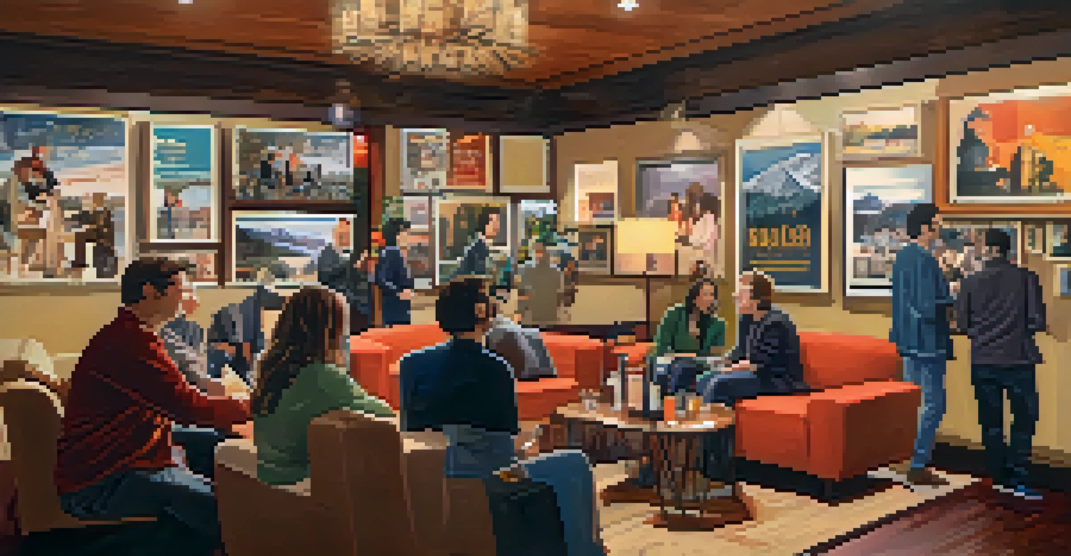 A networking event with filmmakers and industry professionals exchanging ideas in a cozy lounge with artistic film posters.