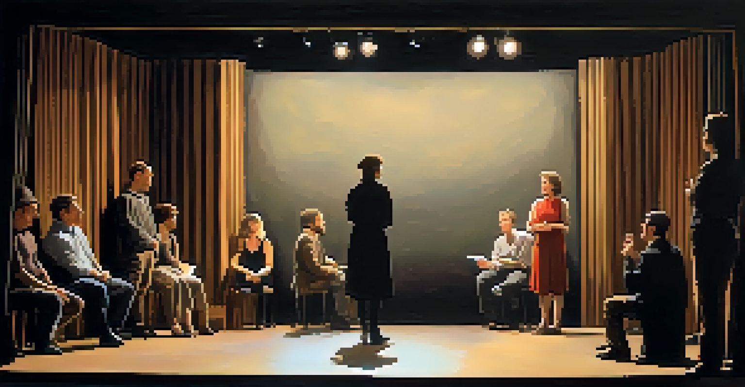 An intimate black box theater with an engaged audience watching a performance on stage, which is softly lit and features a simple set design.