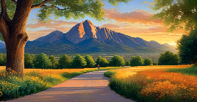 A picturesque sunset view of the Flatirons mountains in Boulder, with a cyclist riding along a bike path surrounded by greenery.