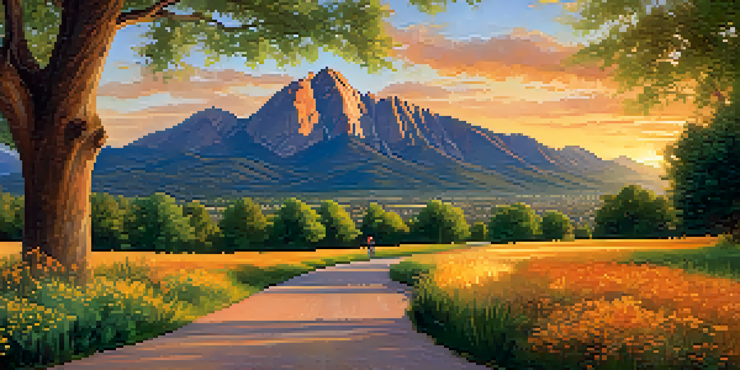 A picturesque sunset view of the Flatirons mountains in Boulder, with a cyclist riding along a bike path surrounded by greenery.