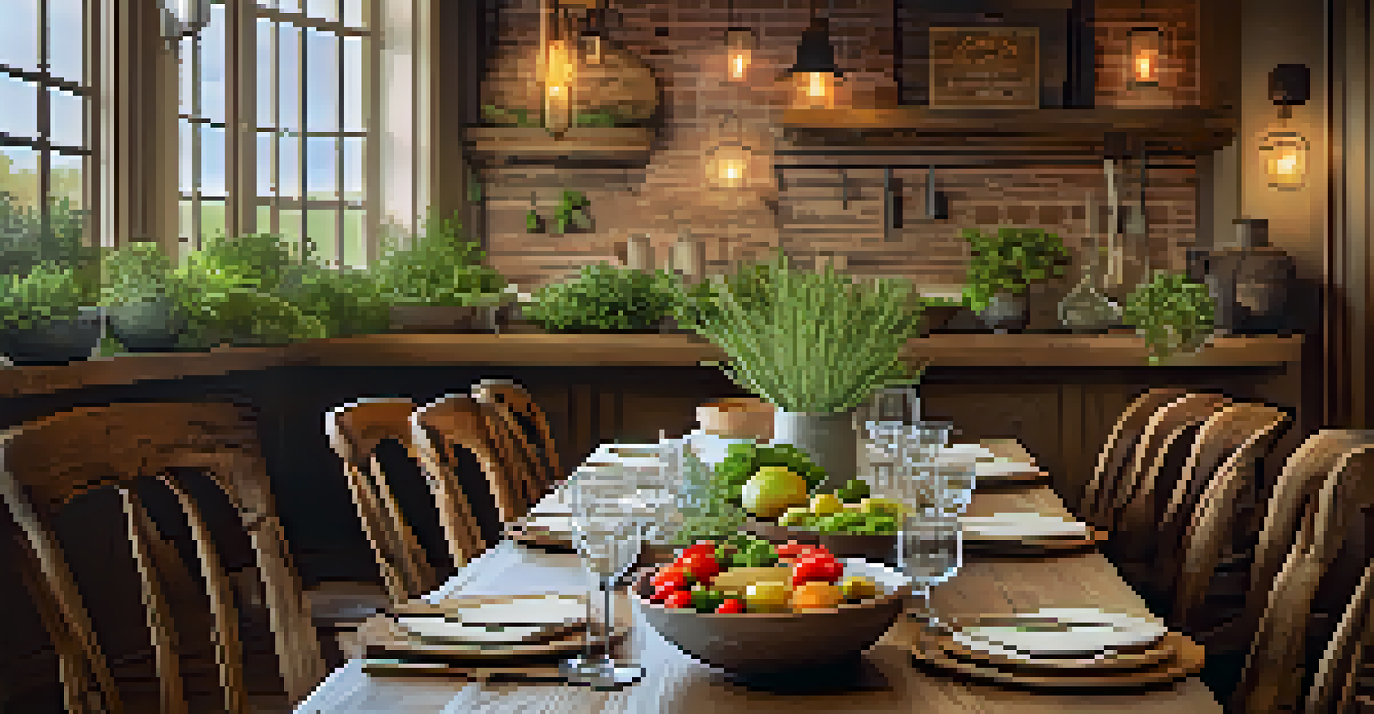 A cozy restaurant interior featuring a farm-to-table dinner setup with colorful seasonal dishes and elegant table decor.