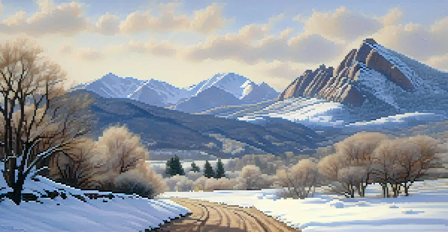 A winter scene of Boulder's Flatirons covered in snow, with sunlight creating soft shadows and animal tracks in the foreground.