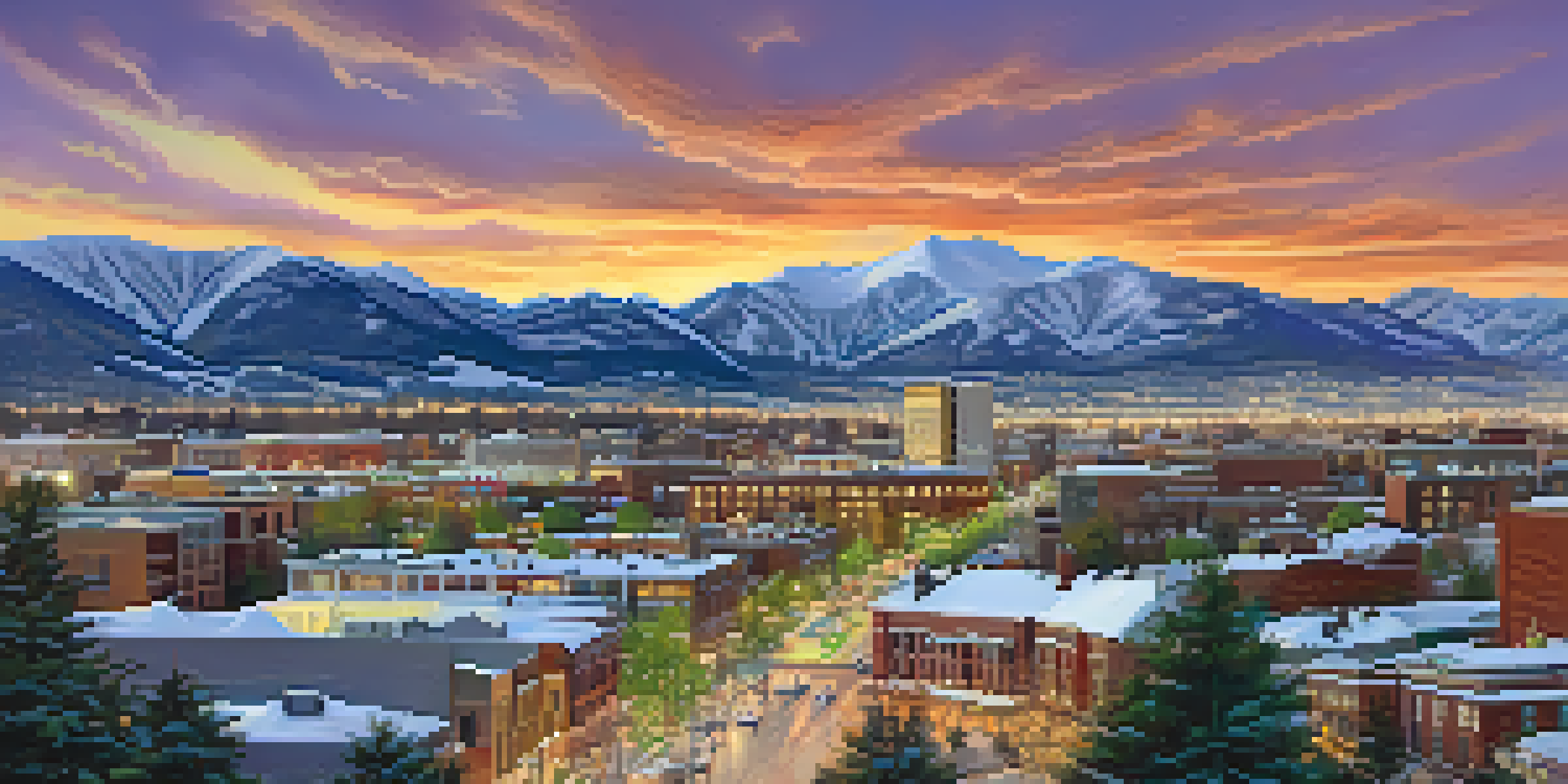 A panoramic view of Boulder, Colorado with the Rocky Mountains in the background during sunset, featuring a busy startup district and green spaces.